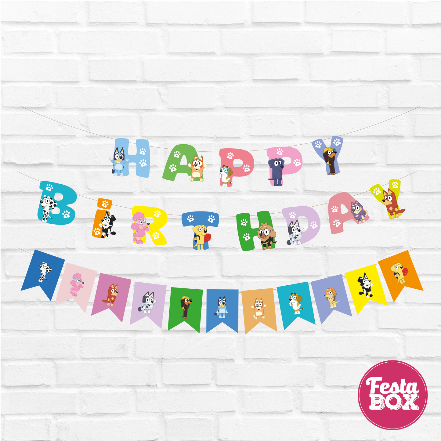 Happy birthday banner with themed curtout strings - Bluey Theme Option 2
