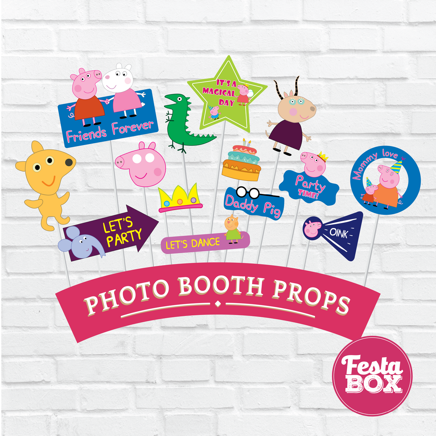 Photo Booth Props for Birthday Party Decoration - Peppa Pig Theme (14 nos.)