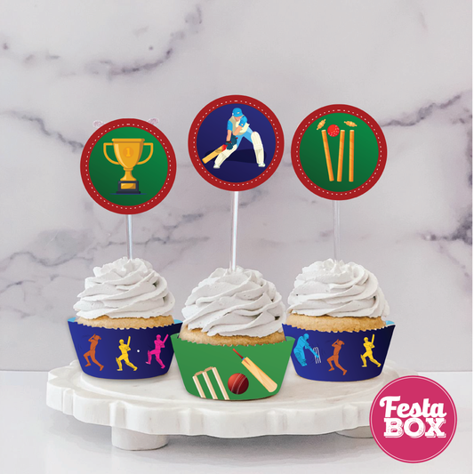 Cupcake toppers and wrappers for Birthday Party Decoration -Cricket Theme - Assorted