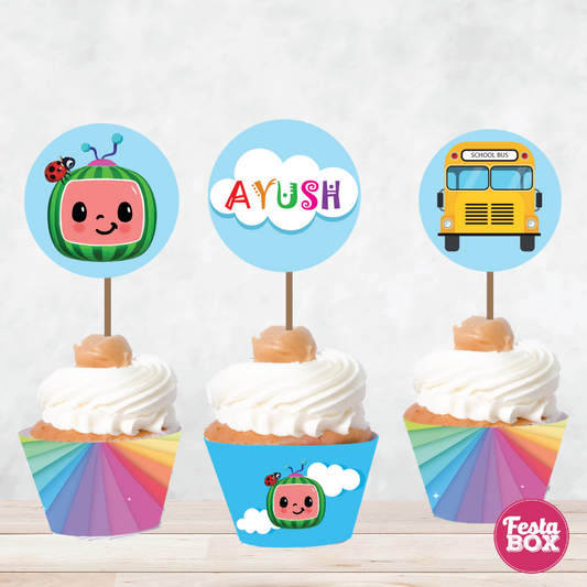 Cupcake Wrappers and toppers for Birthday Party Decoration - Cocomelon Theme (Set of 6) - Assorted