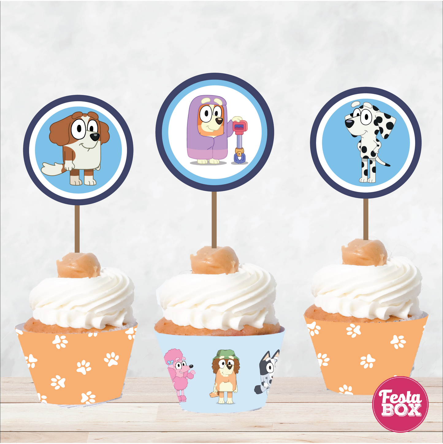 Cupcake Wrappers and toppers for Birthday Party Decoration - Bluey Theme (Set of 6) - Assorted