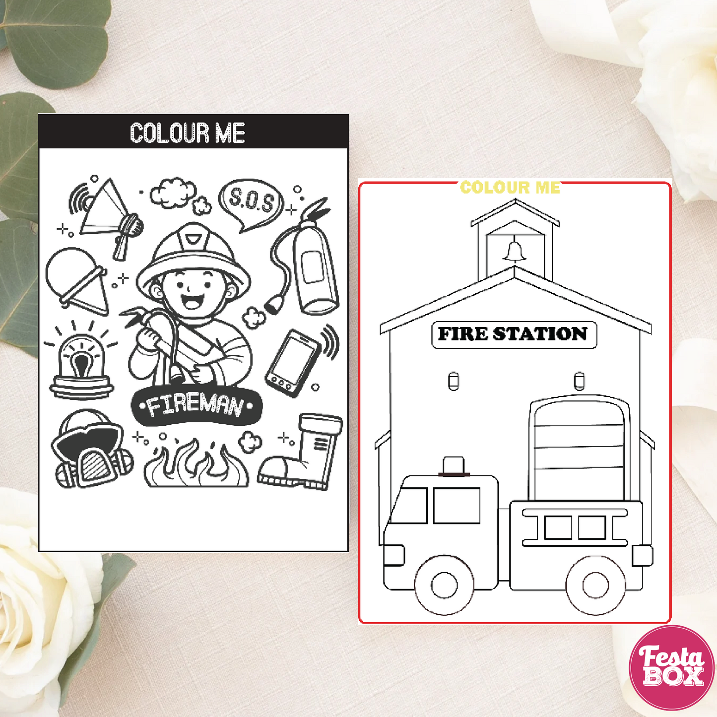 Birthday Game - Colouring Sheet (2 per set) - Firetruck Theme (Set of 6)