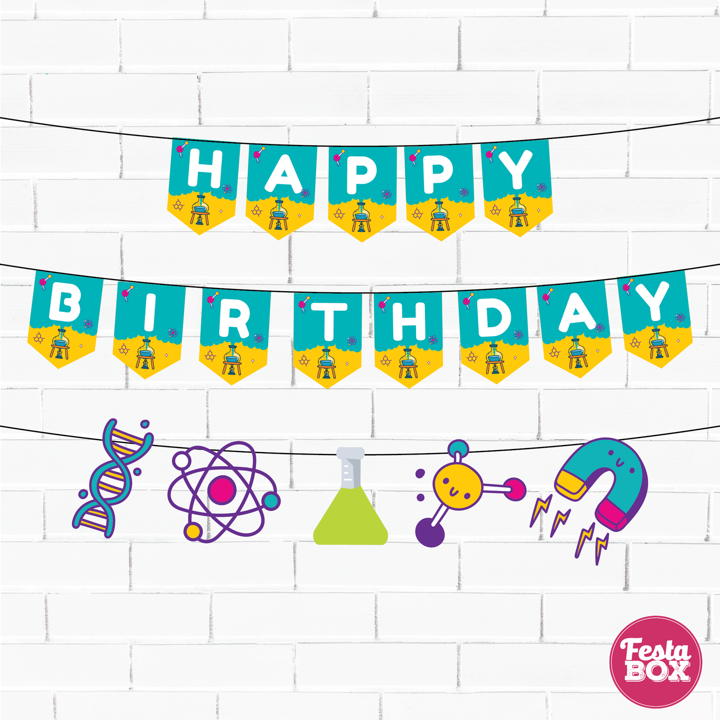 Happy birthday banner with themed cutout strings - Science Theme Option 1