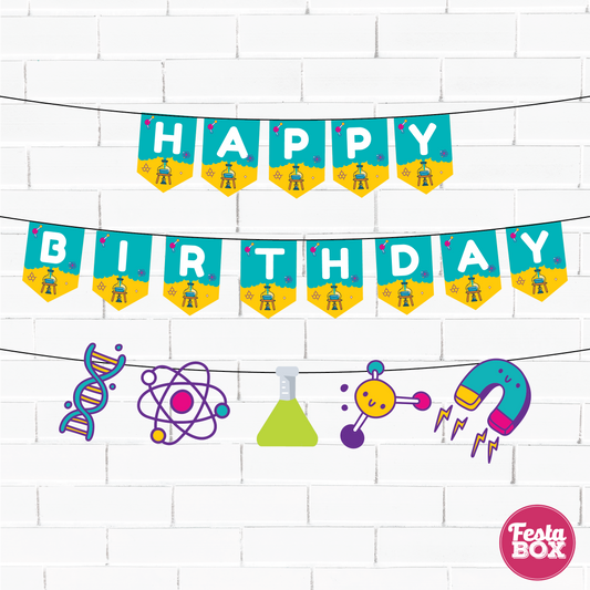Happy birthday banner with themed cutout strings - Science Theme Option 1