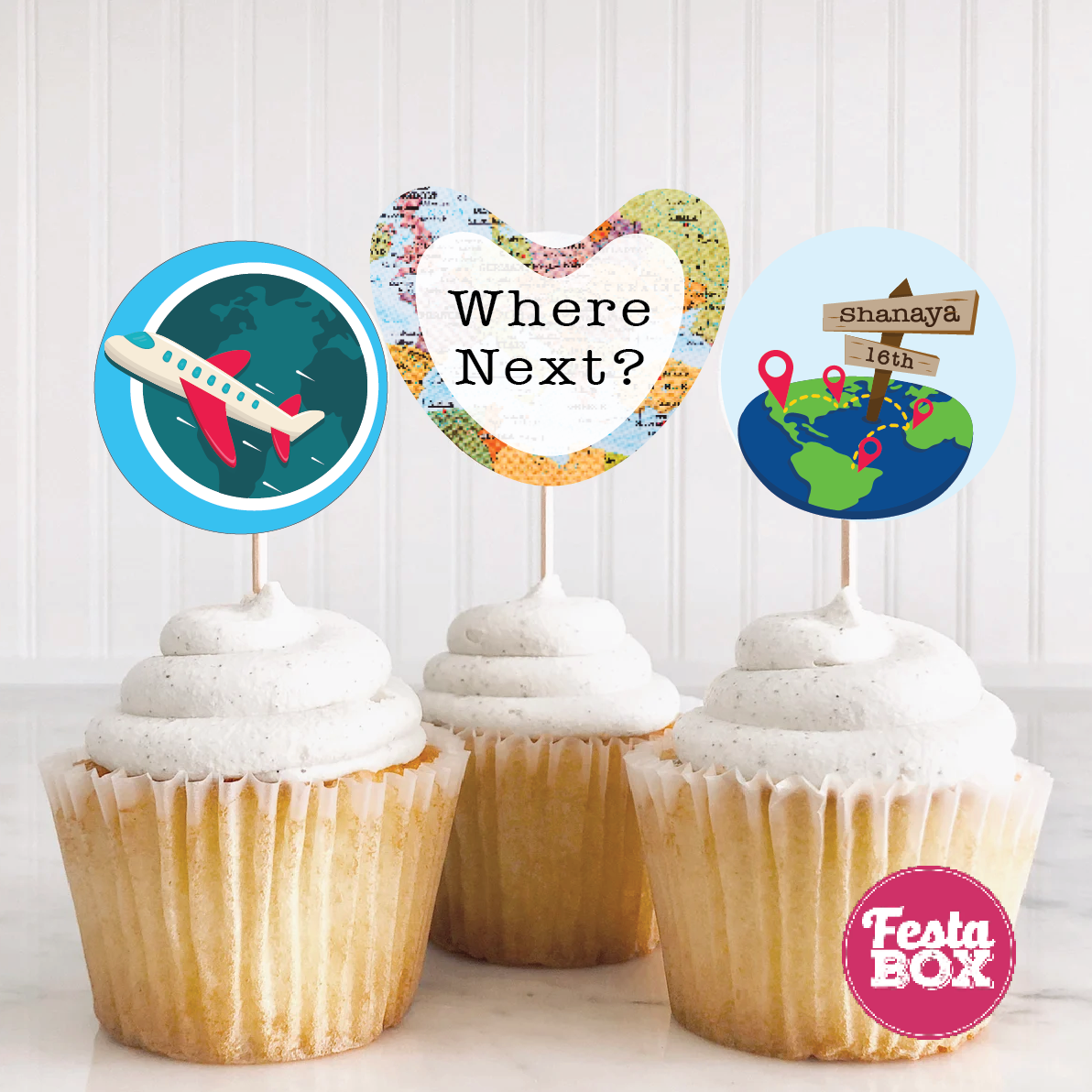 Cupcake Topper for Birthday Party - Travel Theme (Set of 6) - Assorted