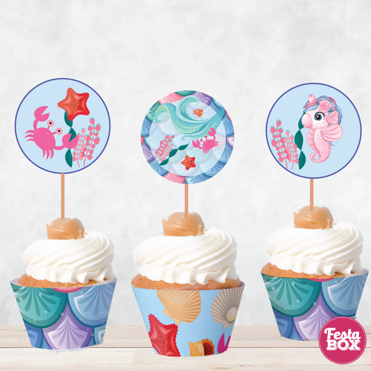 Cupcake Decorations - Toppers and Wrappers - Mermaid Theme (Set of 6) - Assorted