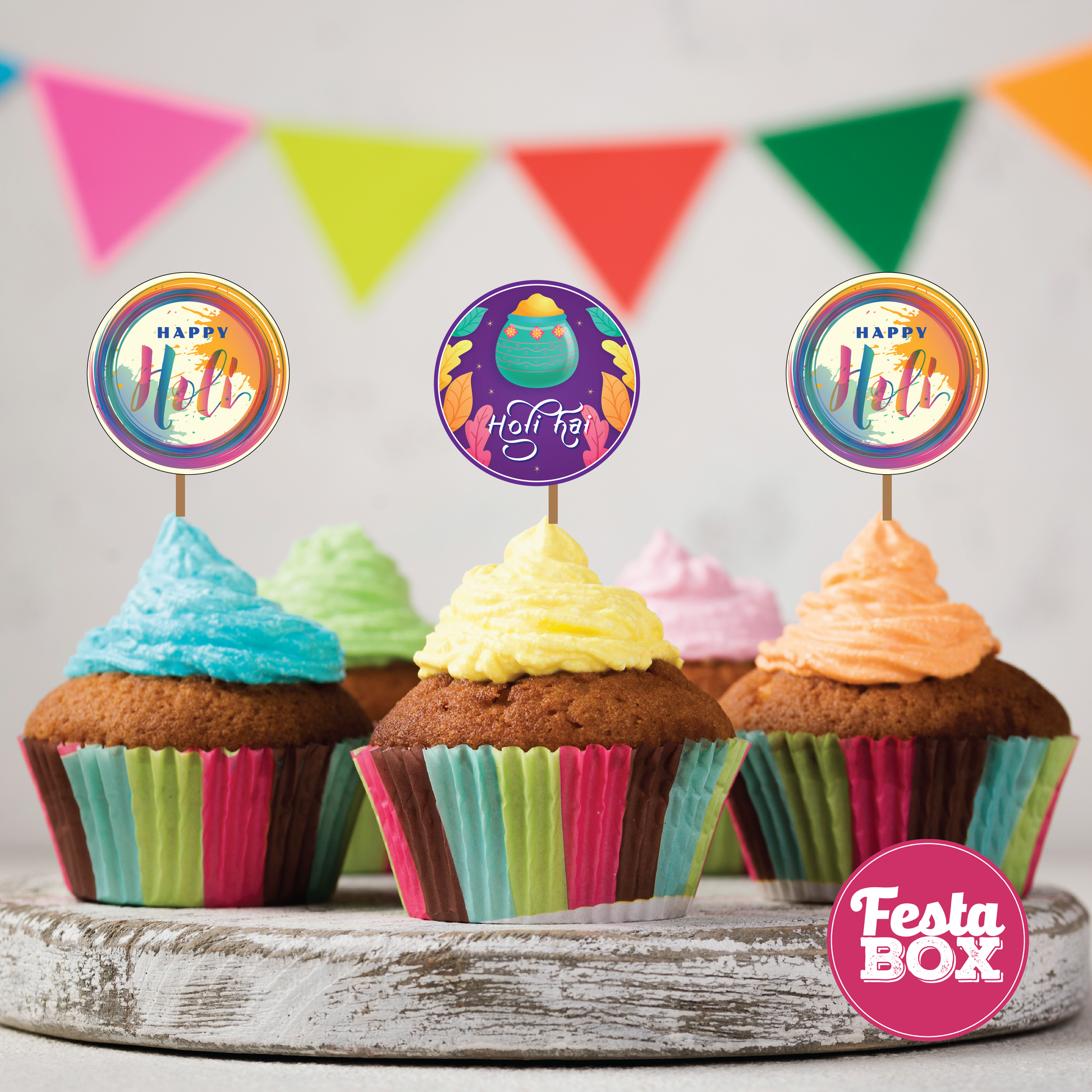 Cupcake Topper and dessert picks -Holi theme (Set of 6) - Assorted