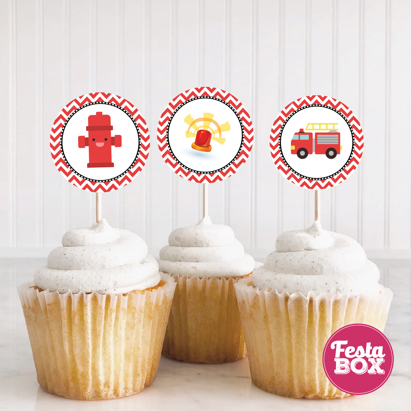 Cupcake Topper for Birthday Party - Firetruck Theme (Set of 6) - Assorted