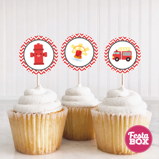 Cupcake Topper for Birthday Party - Firetruck Theme (Set of 6) - Assorted