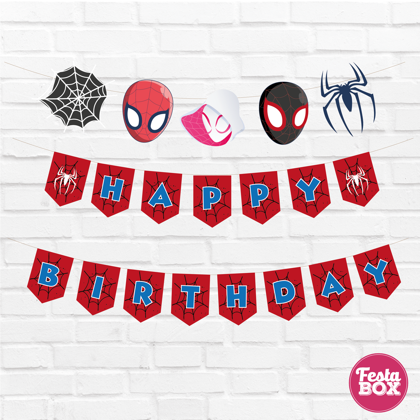 Happy birthday banner with theme cutout strings- Spiderman Theme Option 1