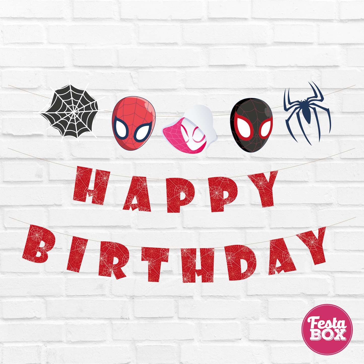 Happy birthday banner with themed cutout strings - Spiderman theme option 2
