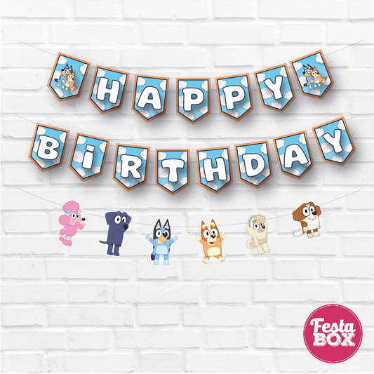 Happy birthday banner with themed cutout strings - Bluey Theme Option 1