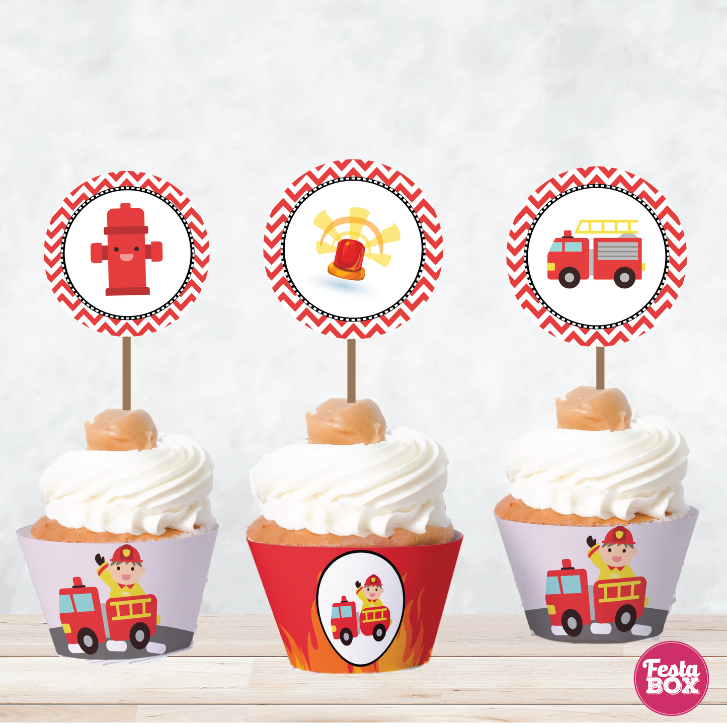 Cupcake Wrappers and toppers for Birthday Party Decoration - Fire Truck Theme (Set of 6)