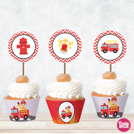 Cupcake Wrappers and toppers for Birthday Party Decoration - Fire Truck Theme (Set of 6)
