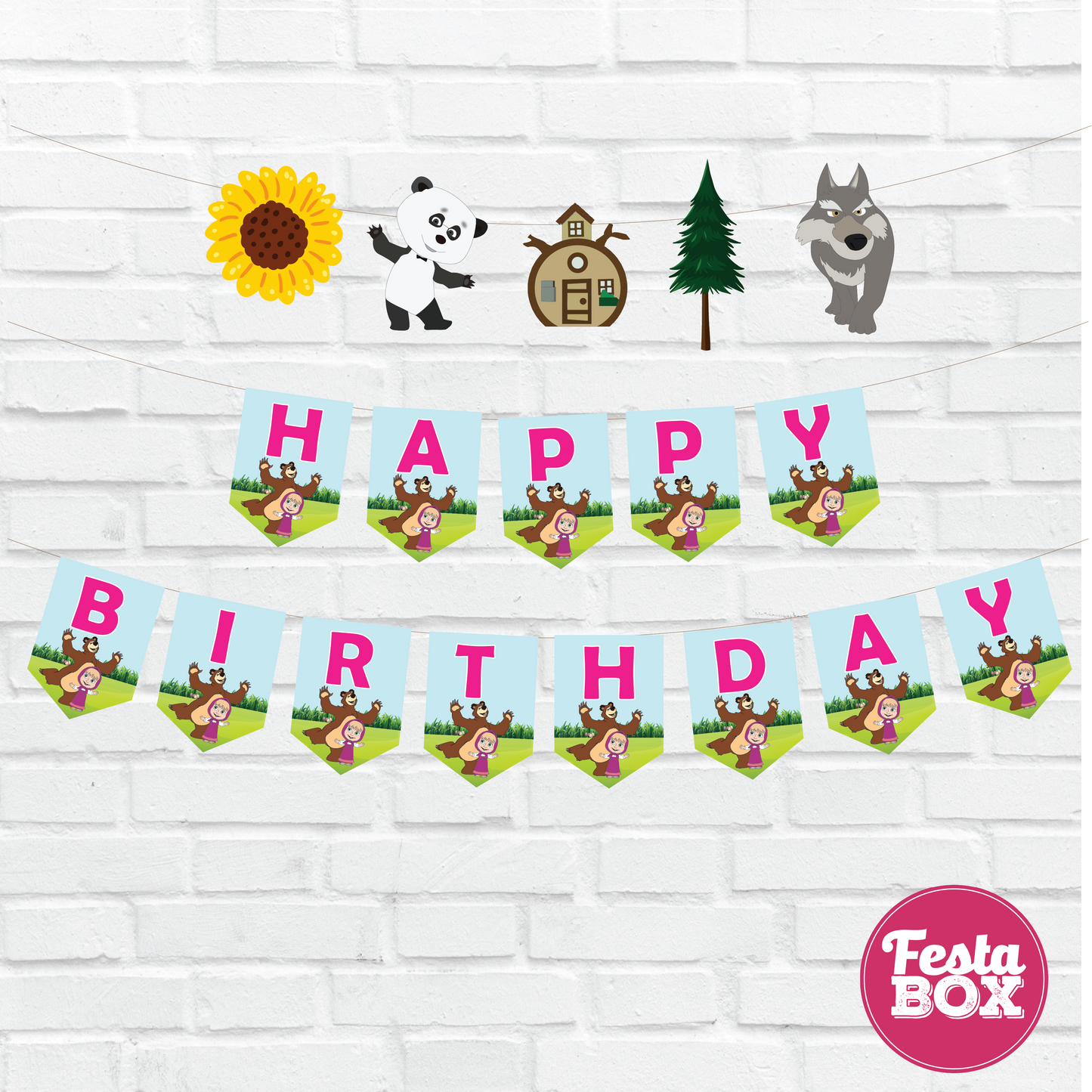 Happy birthday banner with themed cutout strings - Masha and Bear Theme Option 2