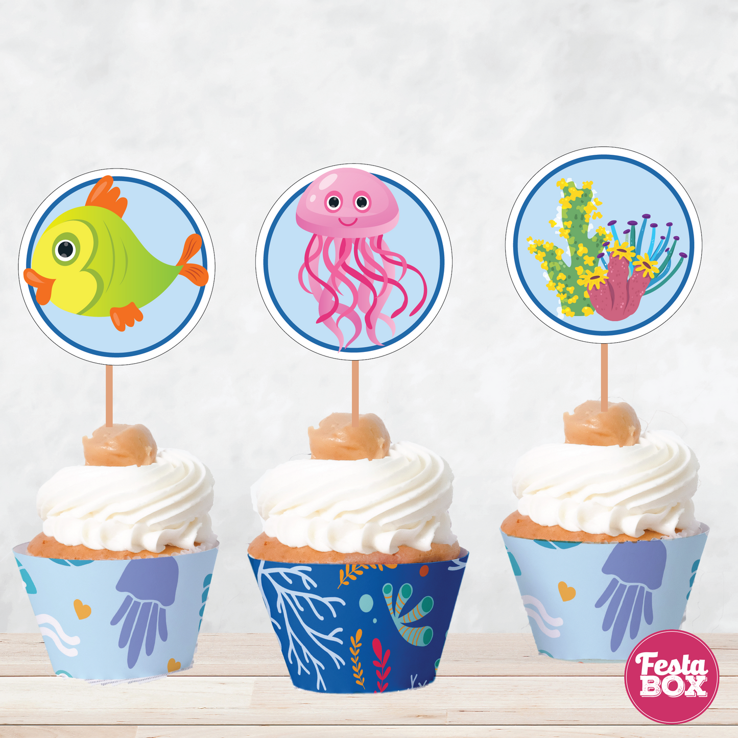 Cupcake Decorations - Toppers and Wrappers -Under the Sea Theme (Set of 6) - Assorted