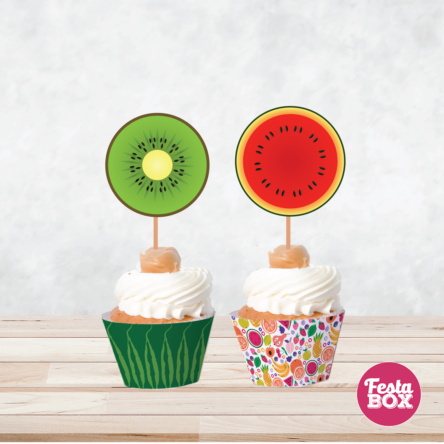 Cupcake Decorations - Toppers and Wrappers - Fruit Theme (Set of 6) - Assorted
