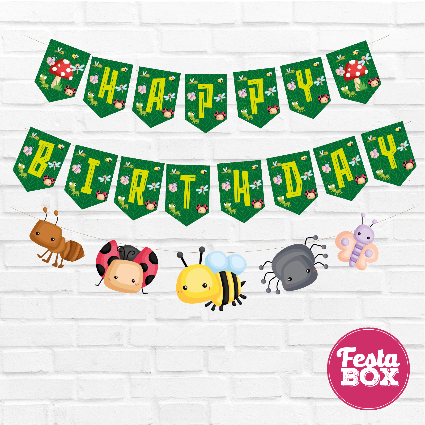 Happy birthday banner with themed cutout strings  - Bugs Theme Option 1
