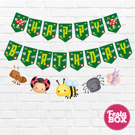 Happy birthday banner with themed cutout strings  - Bugs Theme Option 1
