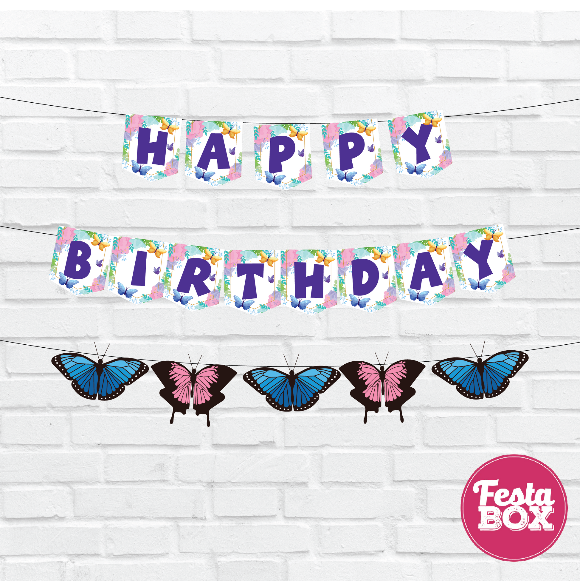 Happy birthday banner with themed cutout strings - Butterfly Theme Option 1