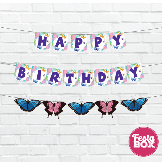 Happy birthday banner with themed cutout strings - Butterfly Theme Option 1