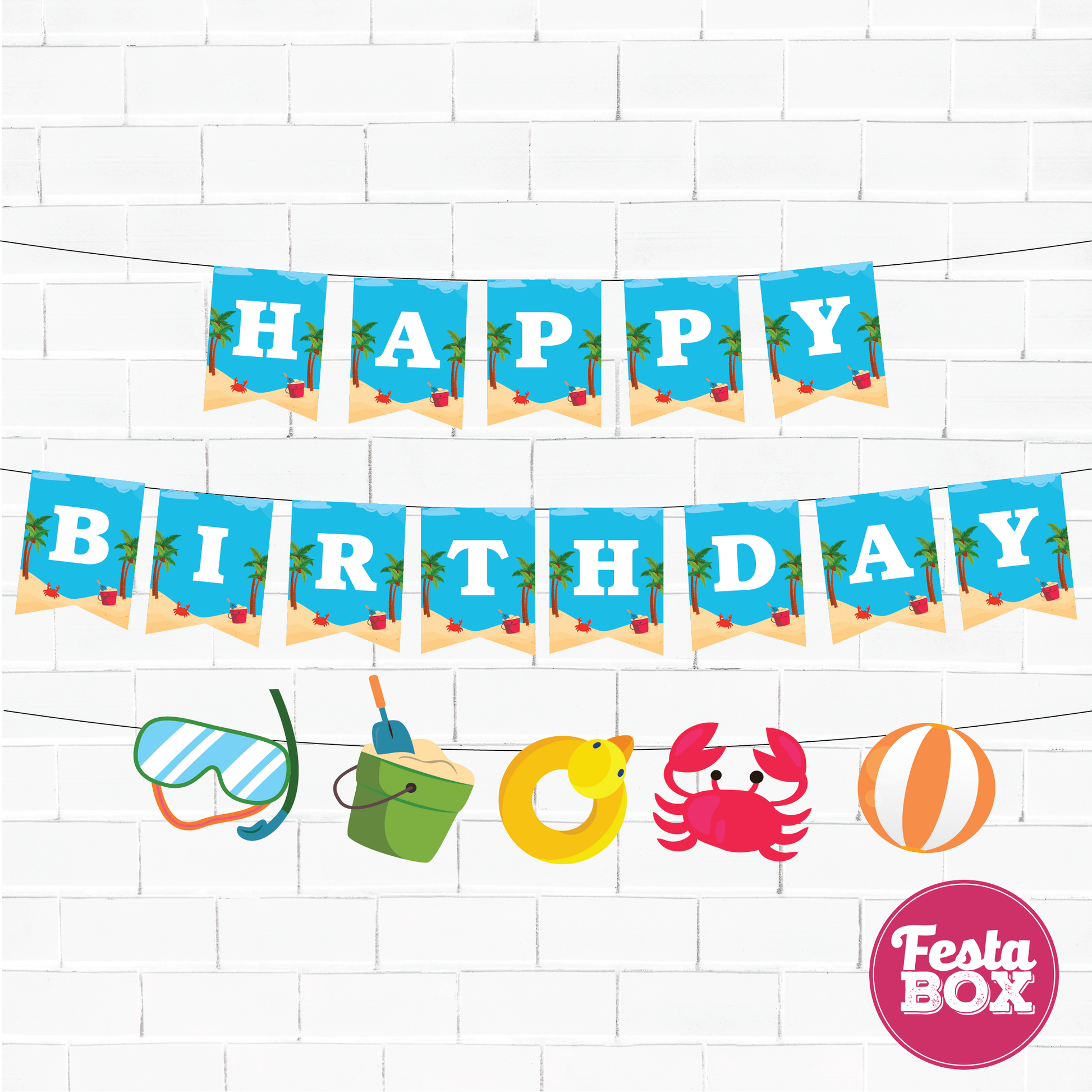 Happy birthday banner with themed cutout strings - Beach Theme Option 1