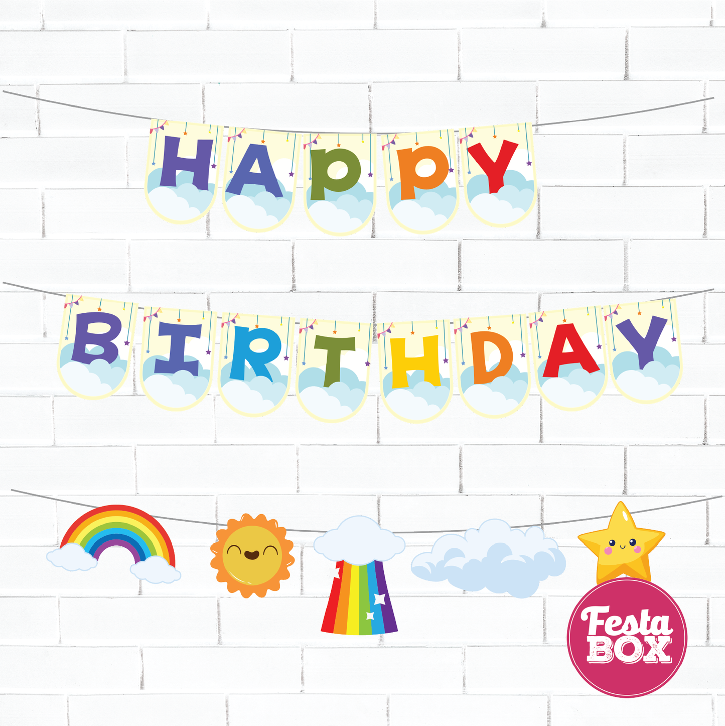 Happy birthday banner with themed cutout strings - Rainbow Theme Option 1