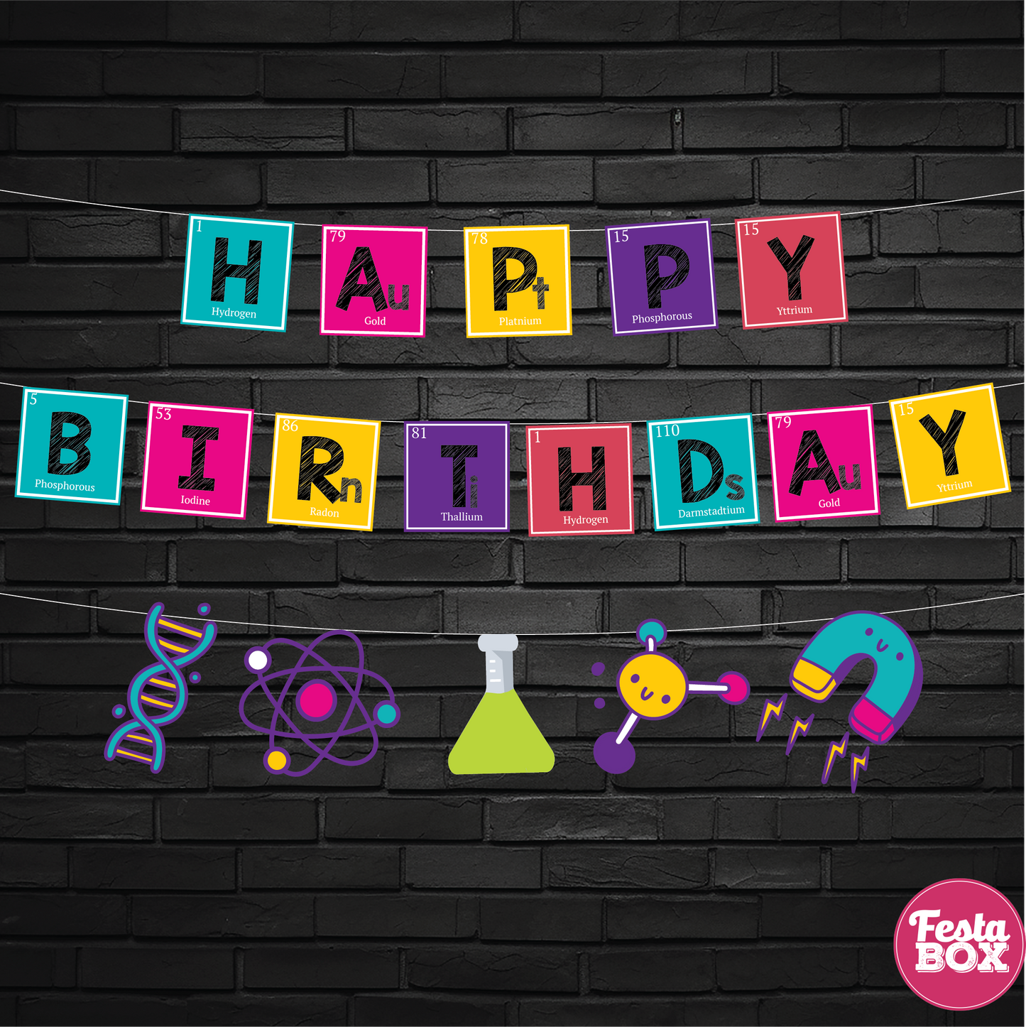 Happy birthday banner with themed cutout strings - Science Theme Option 2