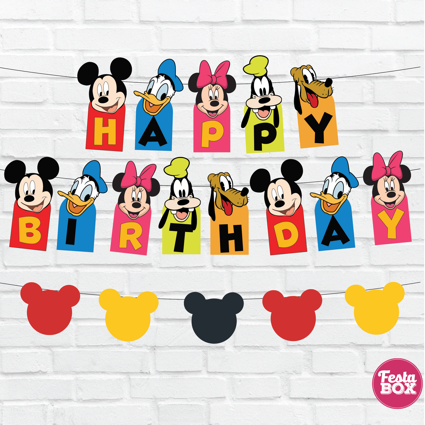 Happy birthday banner with themed cutout strings - Mickey Mouse Theme Option 2