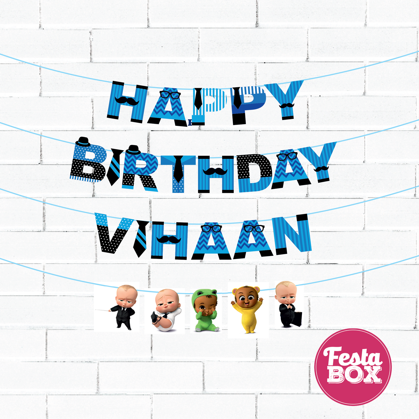 Happy birthday banner with cutout strings - Boss Baby Theme Option 3