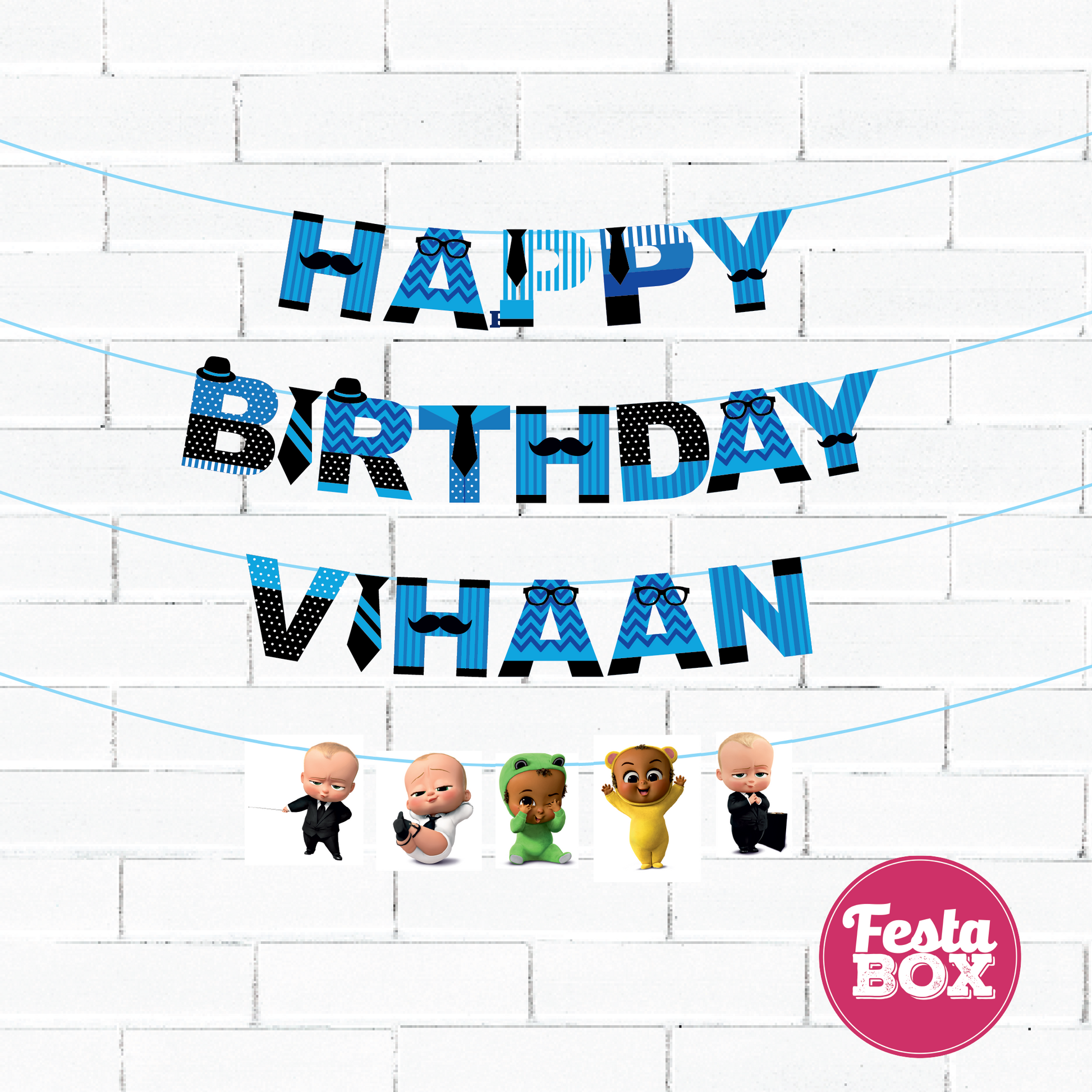 Happy birthday banner with cutout strings - Boss Baby Theme Option 3