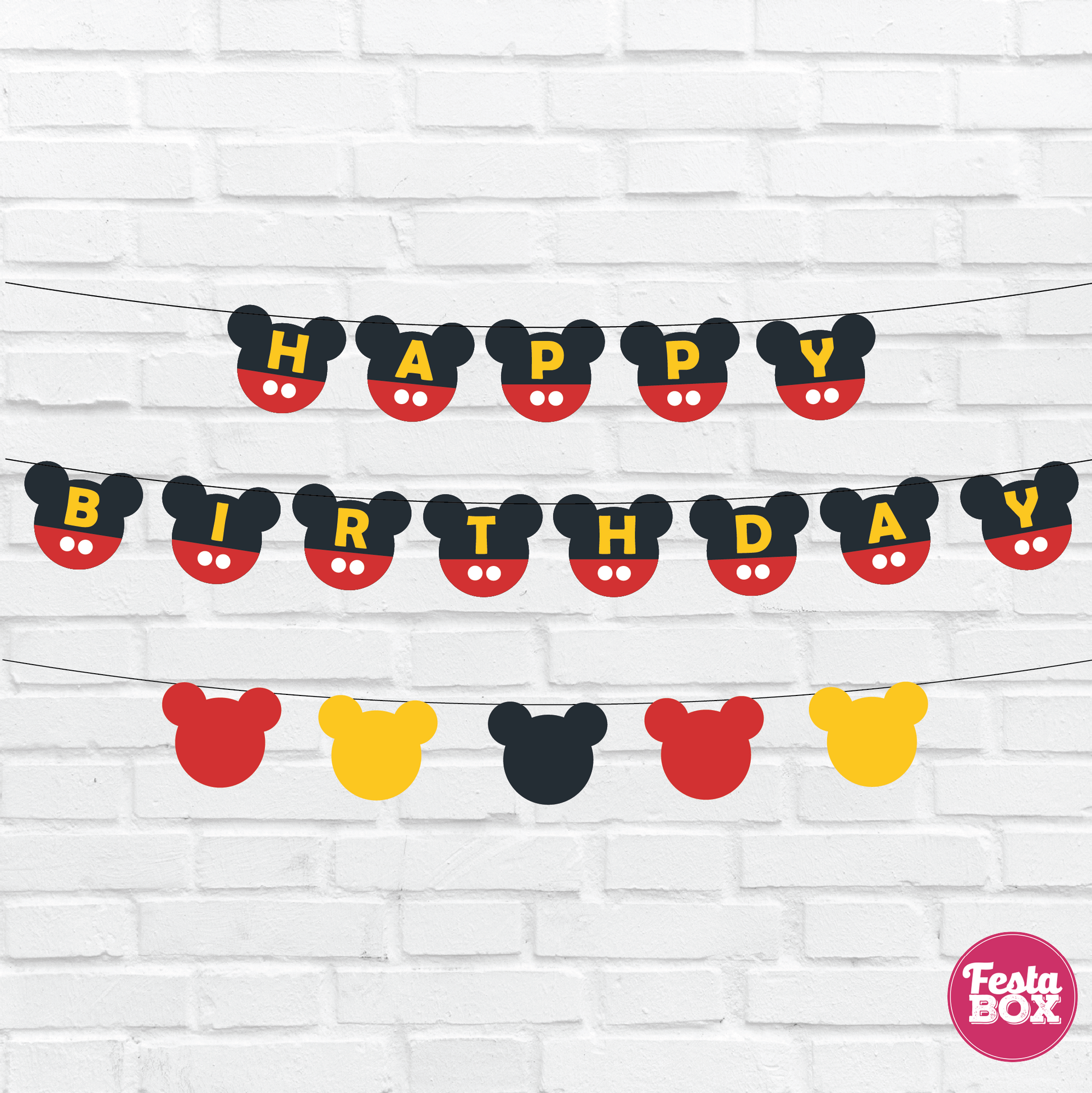 Happy biethday banner with themed cutout strings - Mickey Mouse Them