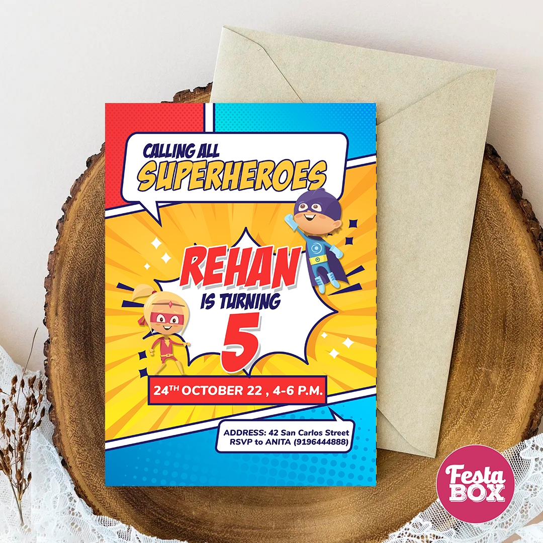 Birthday Party Invitation - Superhero Theme (Set of 6) - Option 1