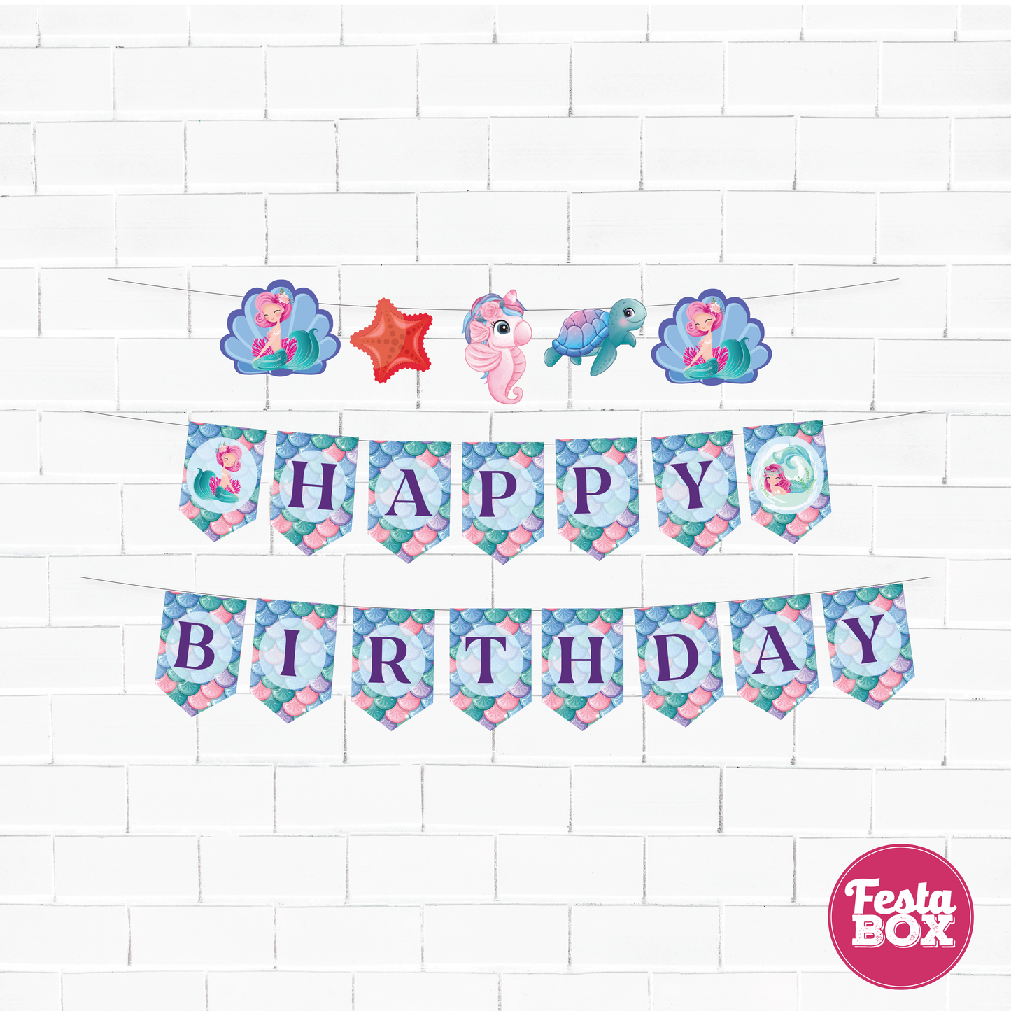 Happy birthday banner with themed cutout strings - Mermaid Theme by Festabox - Option 1
