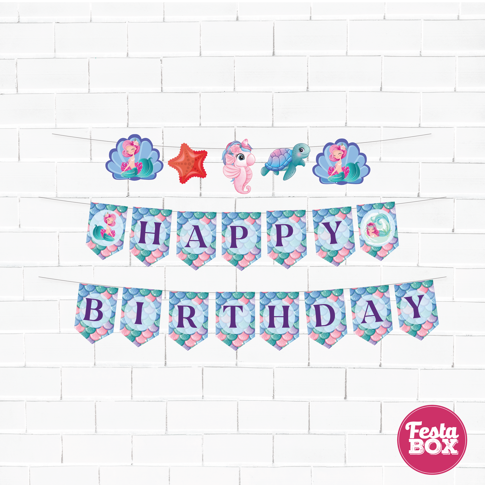 Happy birthday banner with themed cutout strings - Mermaid Theme by Festabox - Option 1
