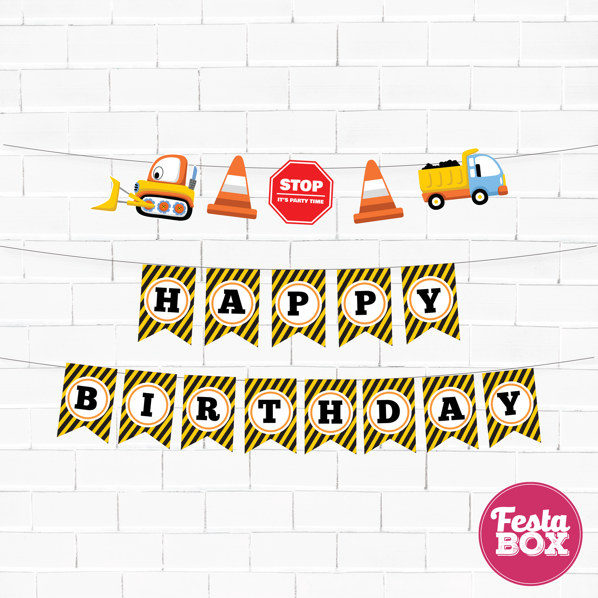 Happy birthday banner with themed cutout strings - Construction  Theme by Festabox - Option 1