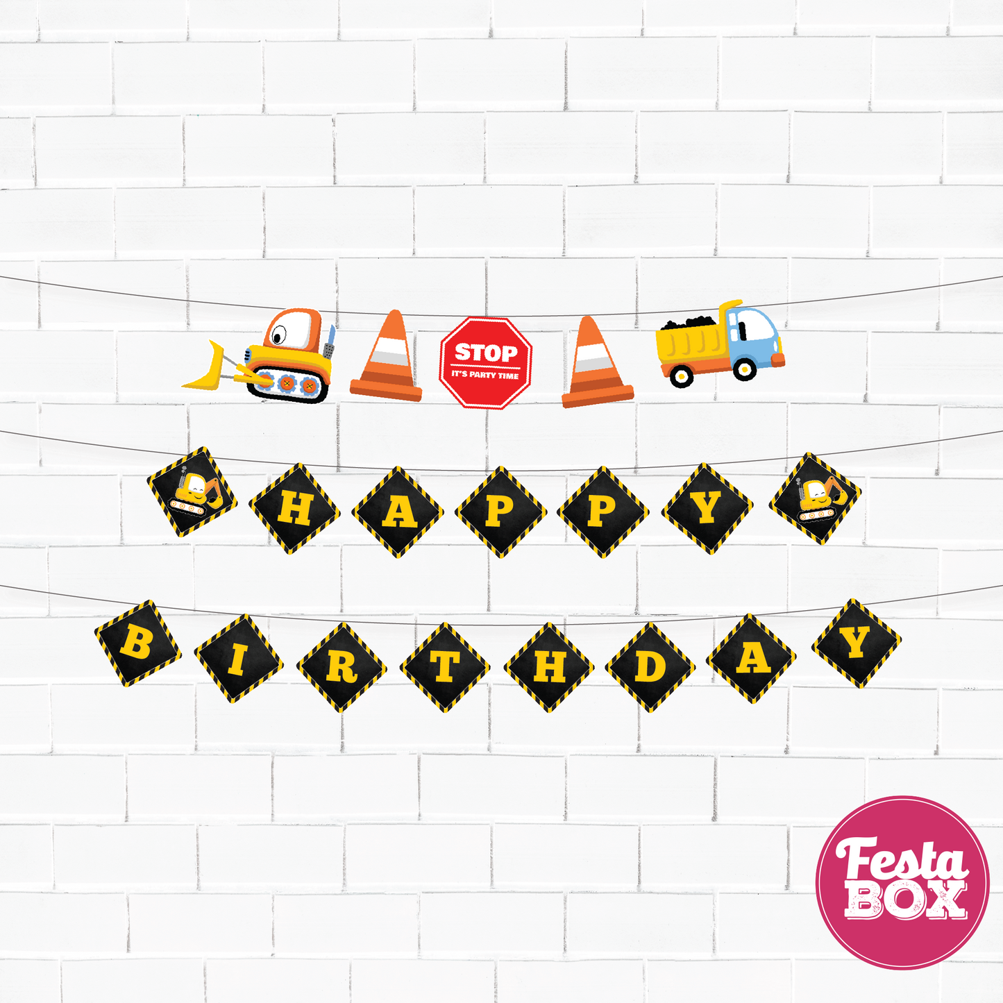 Happy birthday banner with themed cutout strings - Construction Theme by Festabox - Option 2