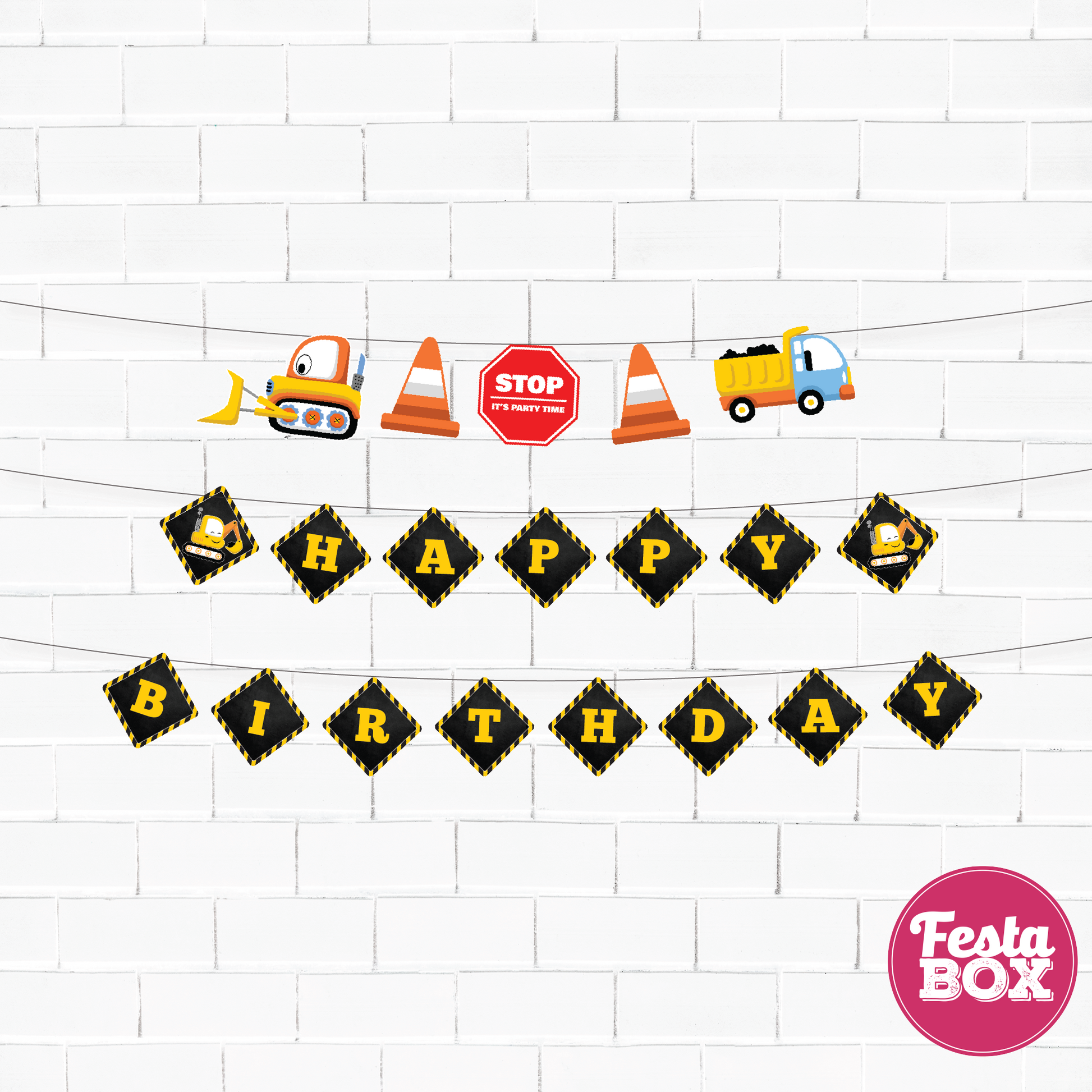 Happy birthday banner with themed cutout strings - Construction  Theme by Festabox - Option 2
