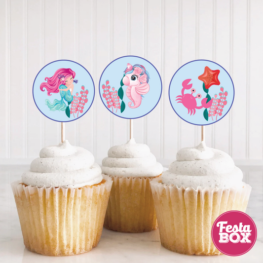 Cupcake Topper for Birthday Party Decoration - Mermaid Theme (Set of 6)