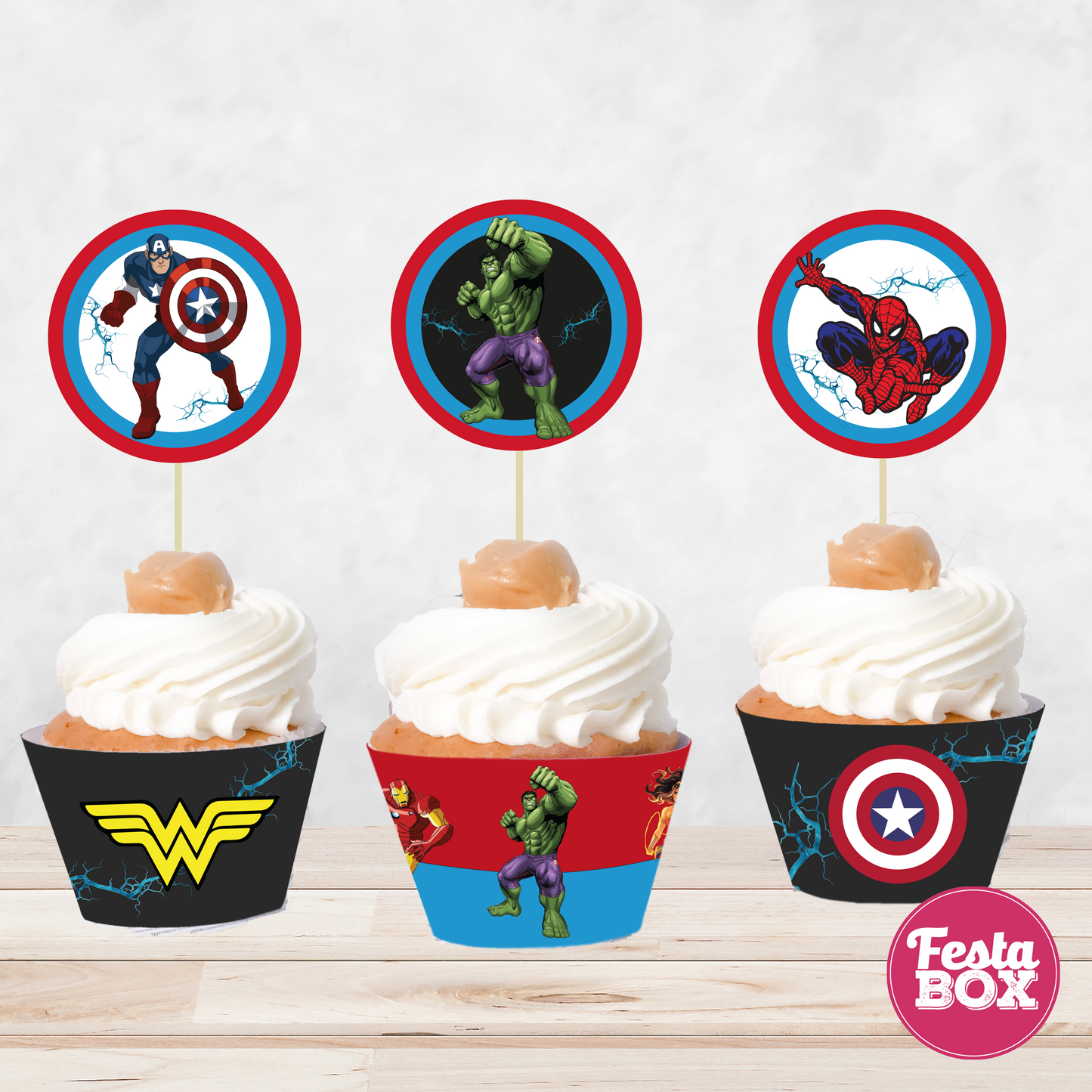 Cupcake toppers and wrappers for Birthday Party Decoration - Avengers Theme