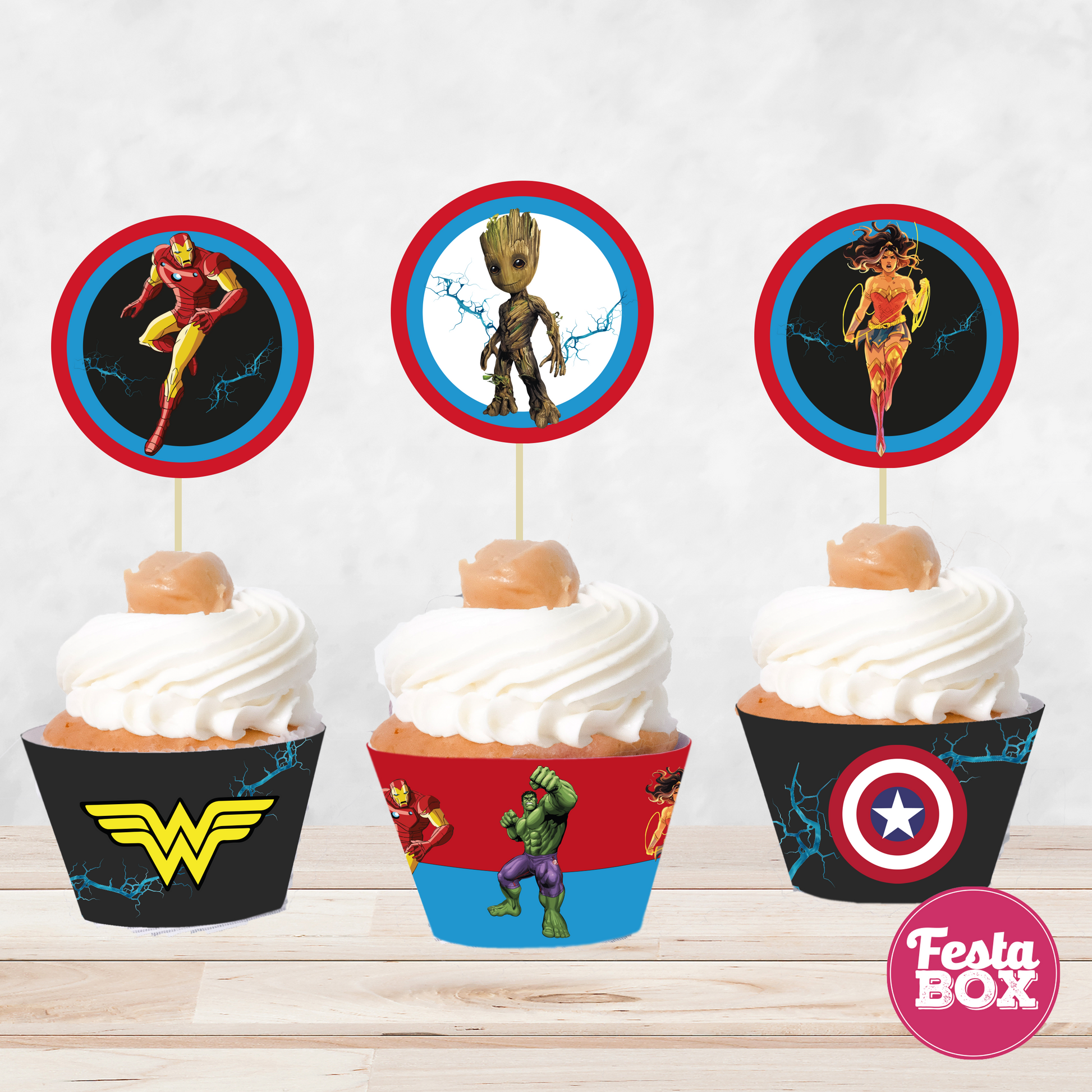 Cupcake toppers and wrappers for Birthday Party Decoration - Avengers Theme