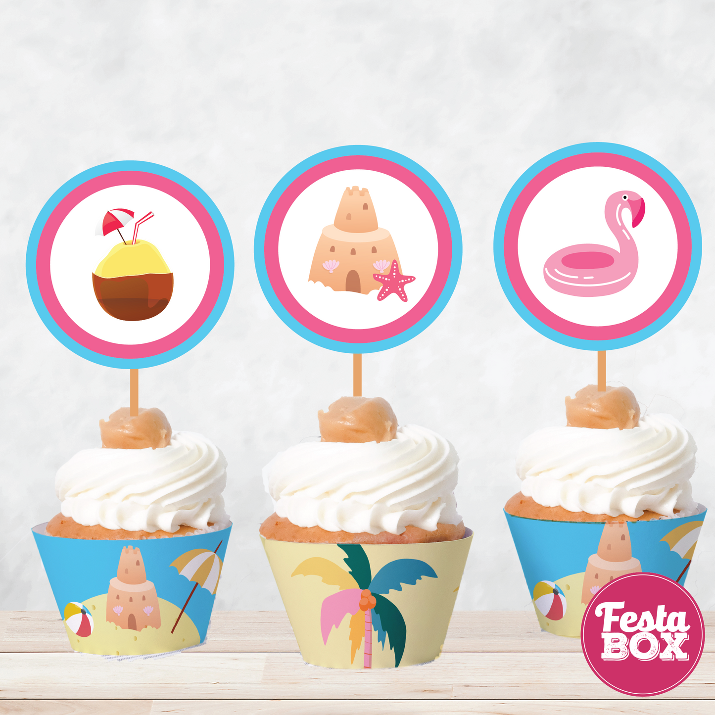 Cupcake Wrappers and toppers for Birthday Party Decoration - Beach Theme (Set of 6) - Assorted