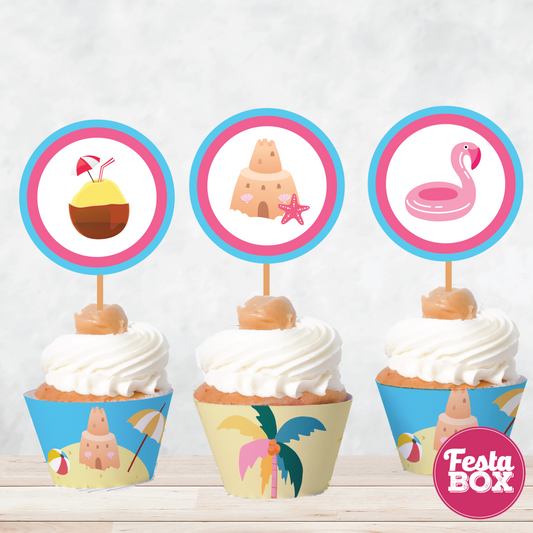 Cupcake Wrappers and toppers for Birthday Party Decoration - Beach Theme (Set of 6) - Assorted