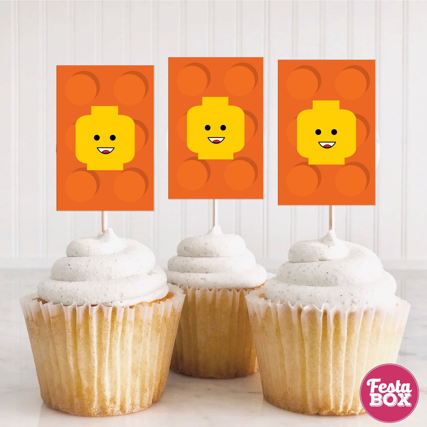 Cupcake Toppers for Birthday Party - Lego Theme (Set of 6) - Rectangular