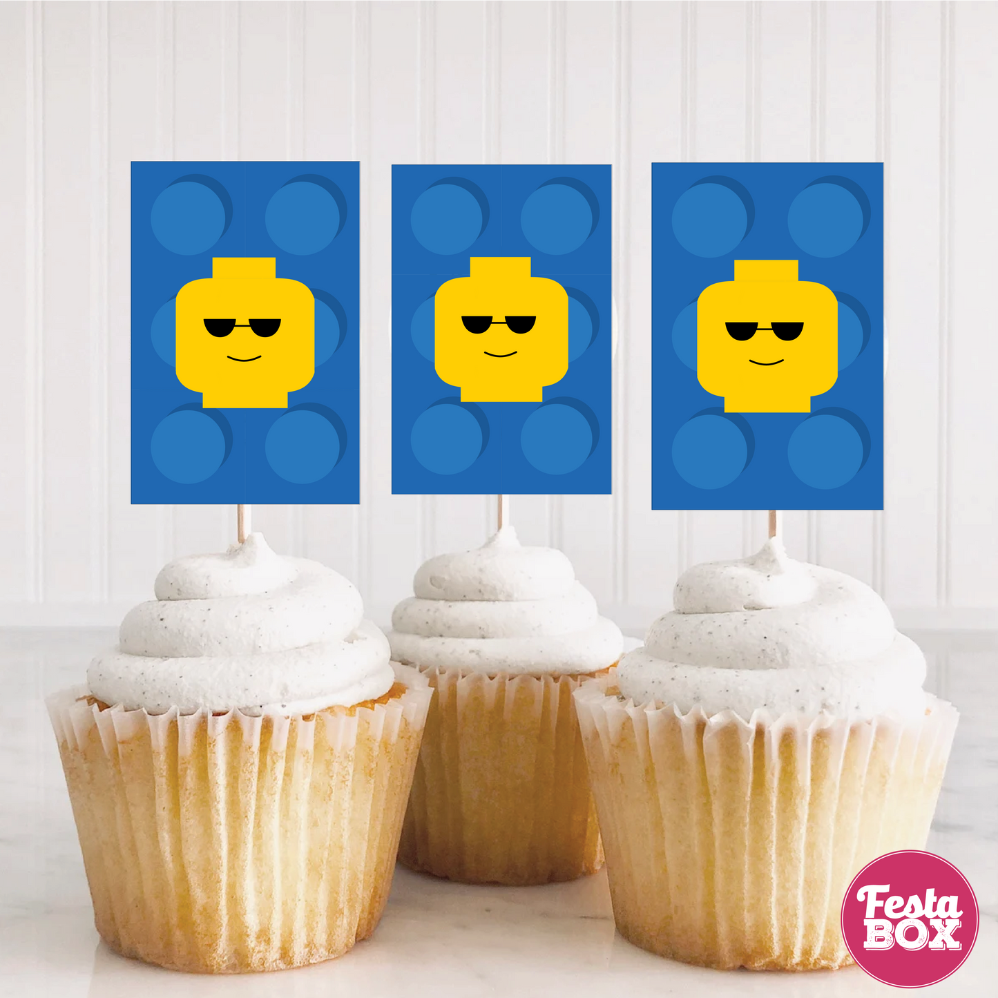Cupcake Toppers for Birthday Party - Lego Theme (Set of 6) - Rectangular