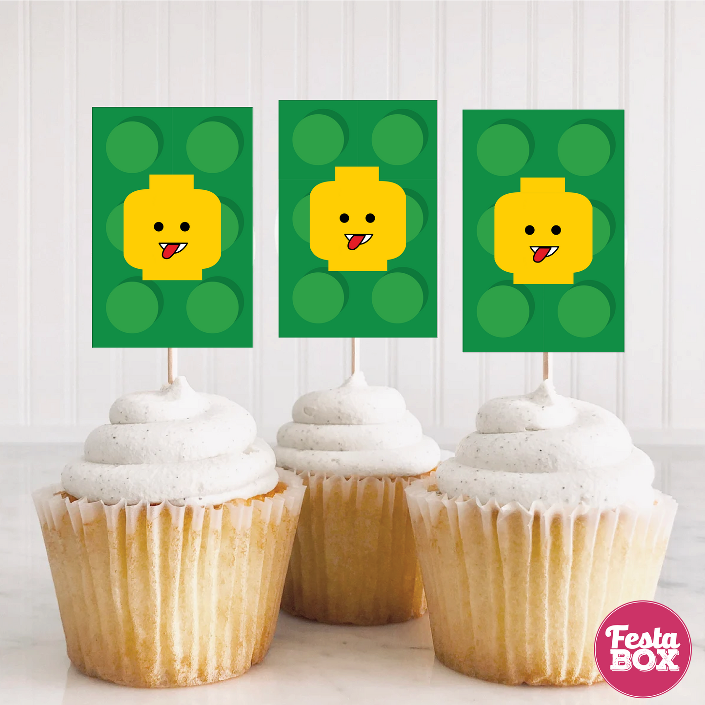Cupcake Toppers for Birthday Party - Lego Theme (Set of 6) - Rectangular