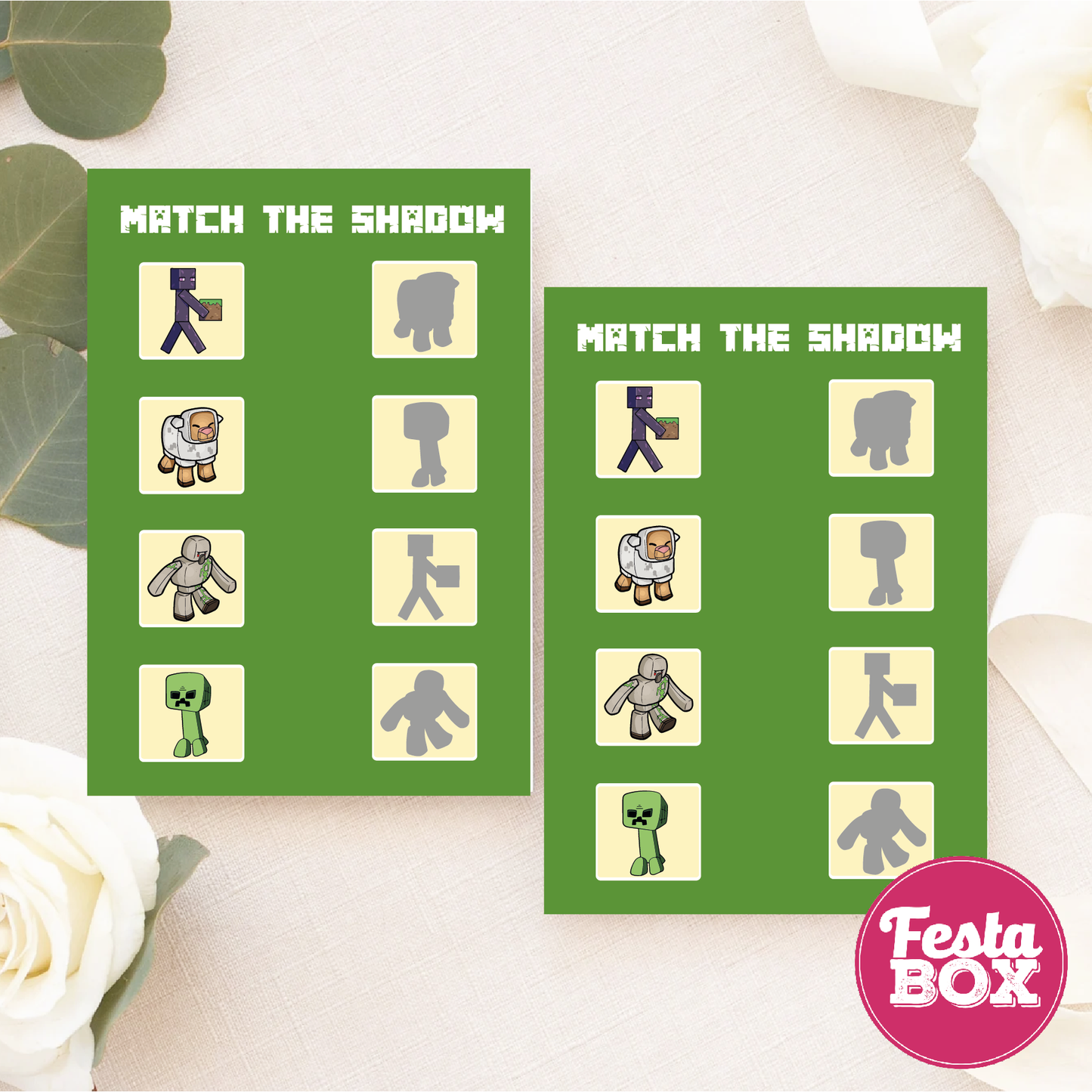 Birthday Game - Match the shadow - Minecraft Theme (Set of 6)