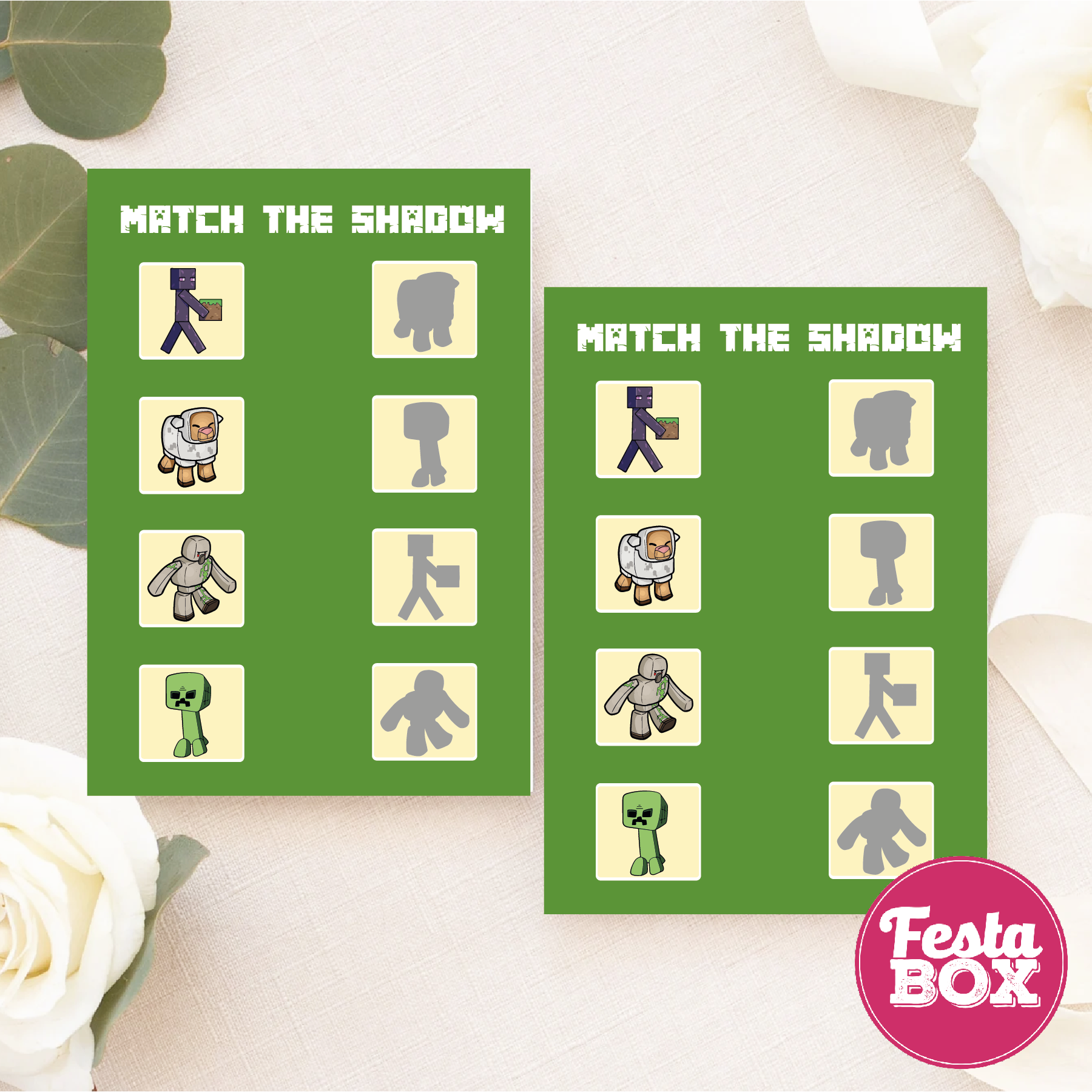 Birthday Game - Match the shadow  - Minecraft Theme (Set of 6)