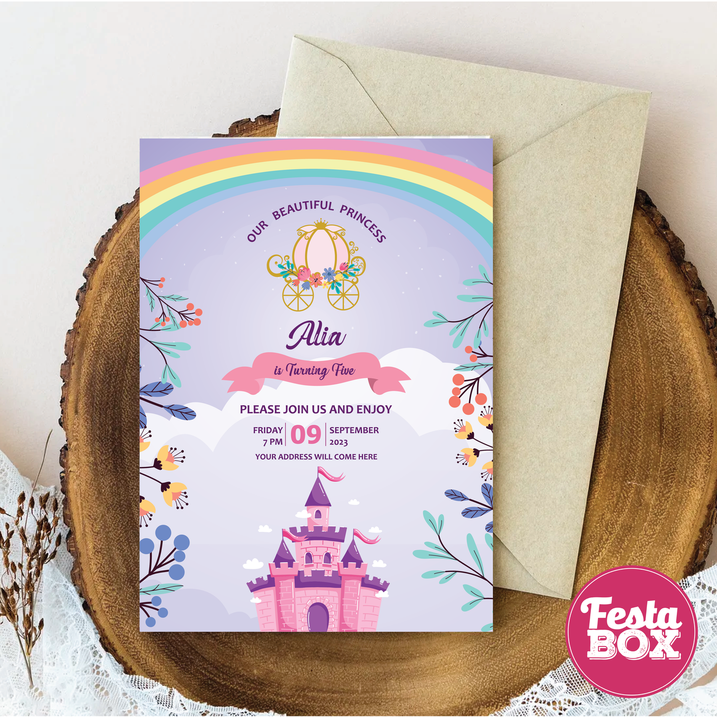 Birthday Party Invitation - Princess Theme (Set of 6) - Option 2
