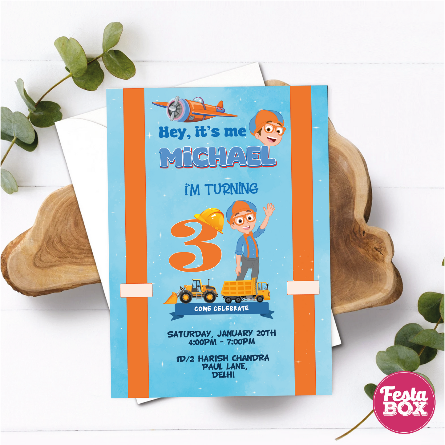 Birthday Party Invitation - Blippi Theme by Festabox (Set of 6) - Option 2